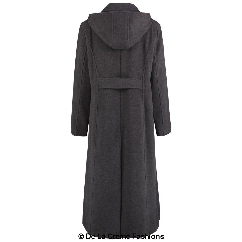 A stylish Faux Wool Longline Hooded Winter Coat in black, featuring a detachable hood and two side pockets, perfect for winter wear.