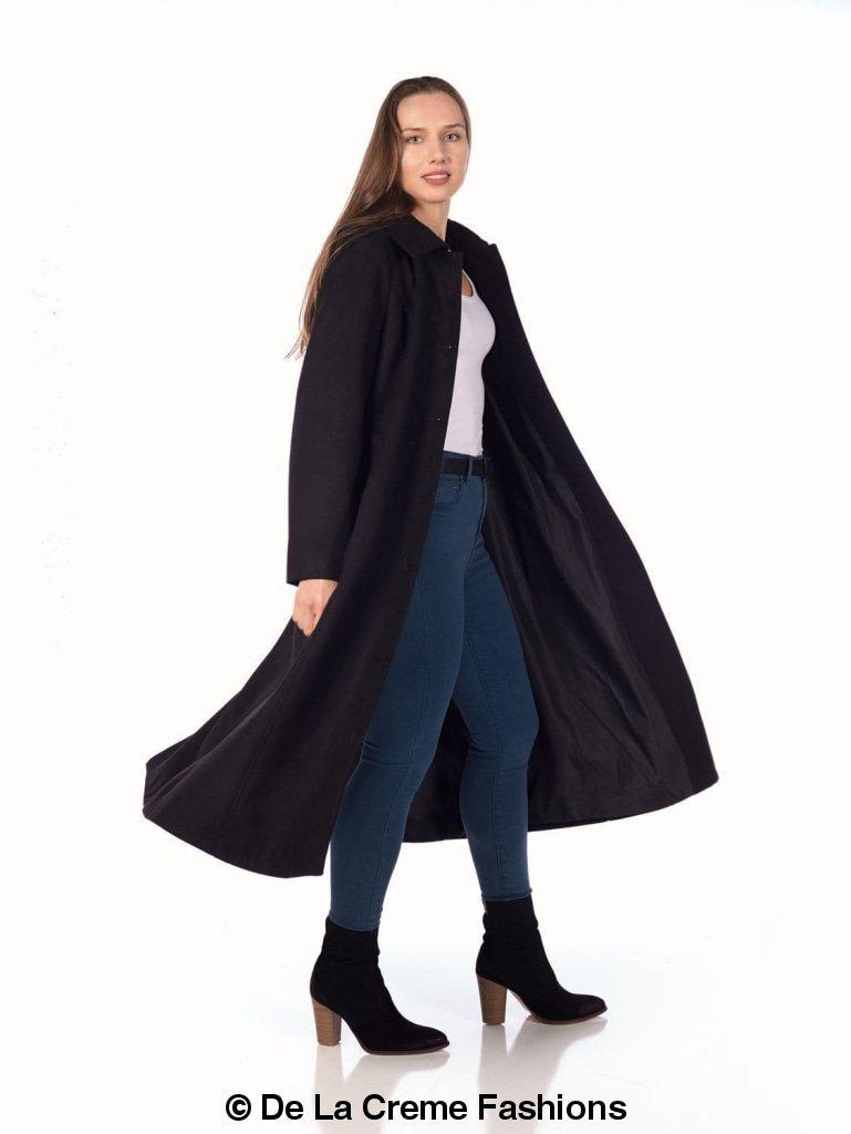 A stylish Faux Wool Longline Hooded Winter Coat in black, featuring a detachable hood and two side pockets, perfect for winter wear.