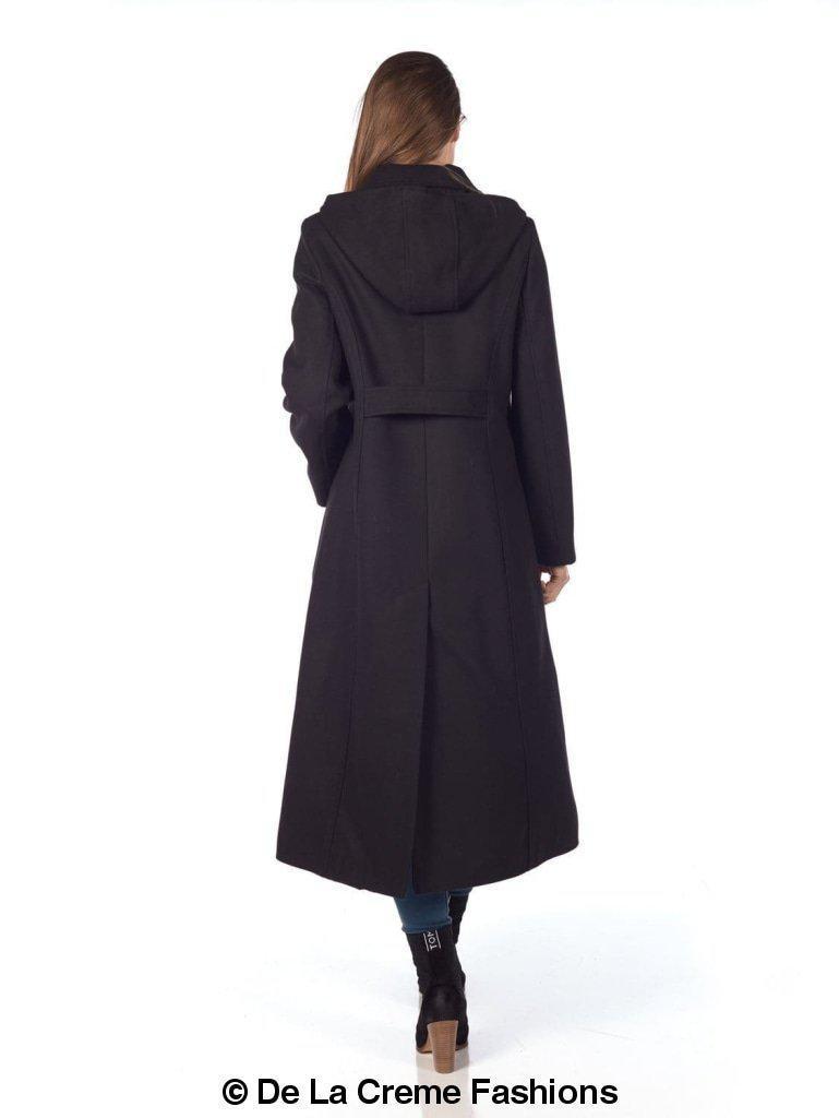 A stylish Faux Wool Longline Hooded Winter Coat in black, featuring a detachable hood and two side pockets, perfect for winter wear.