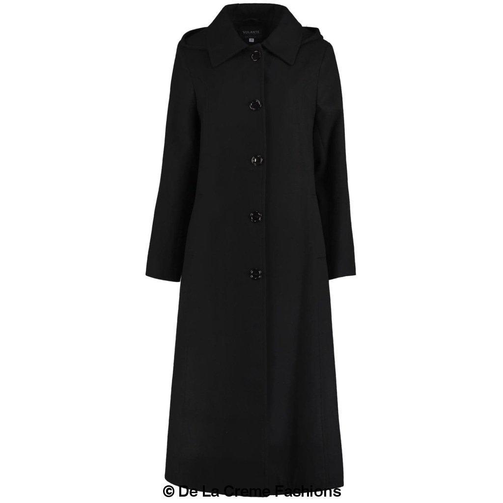 A stylish Faux Wool Longline Hooded Winter Coat in black, featuring a detachable hood and two side pockets, perfect for winter wear.