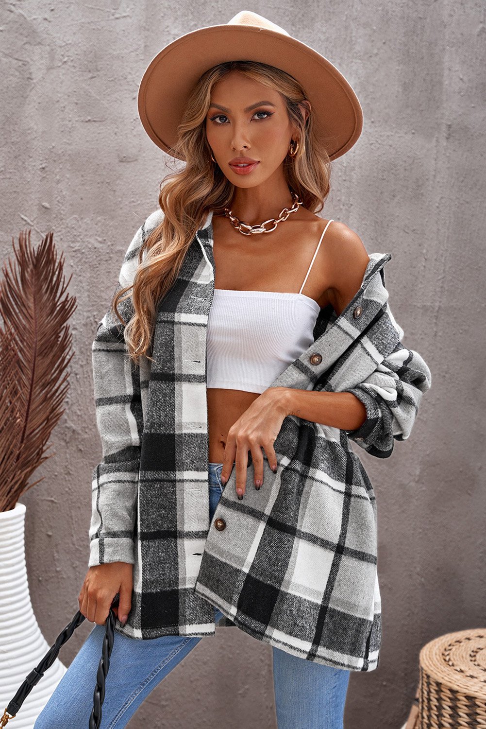 Gray plaid print shirt jacket with button closure and turn-down collar, perfect for winter casual wear.