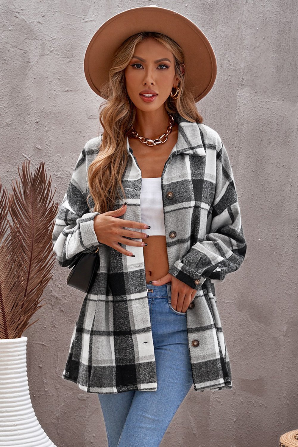 Gray plaid print shirt jacket with button closure and turn-down collar, perfect for winter casual wear.