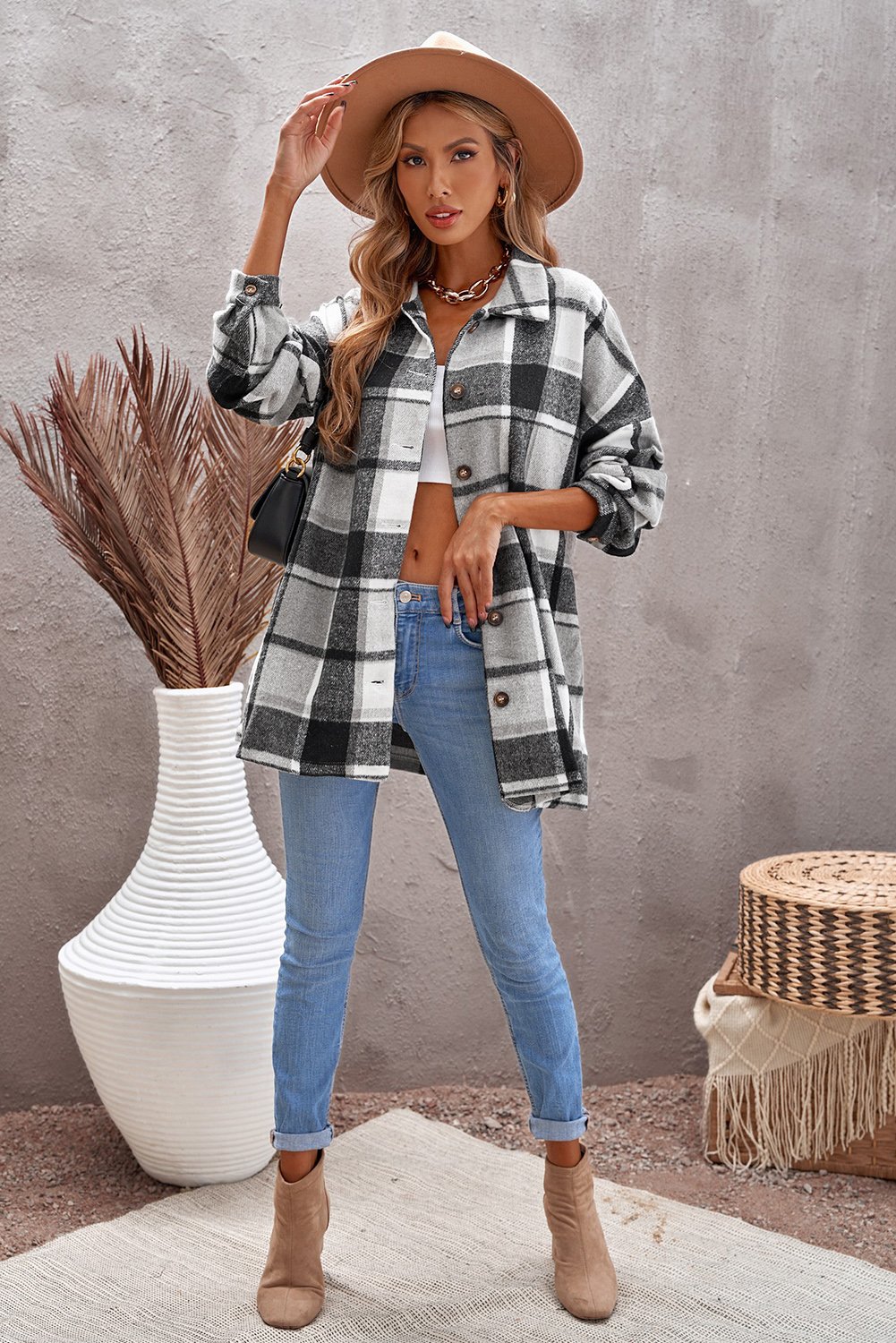 Gray plaid print shirt jacket with button closure and turn-down collar, perfect for winter casual wear.