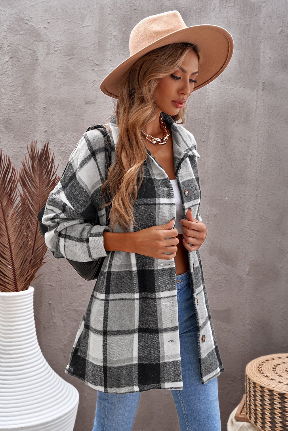 Gray plaid print shirt jacket with button closure and turn-down collar, perfect for winter casual wear.