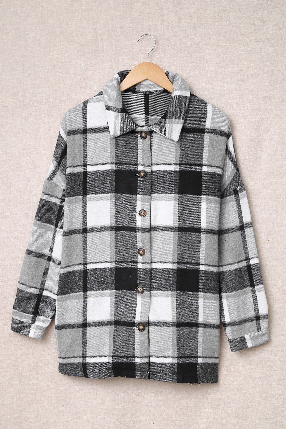 Gray plaid print shirt jacket with button closure and turn-down collar, perfect for winter casual wear.