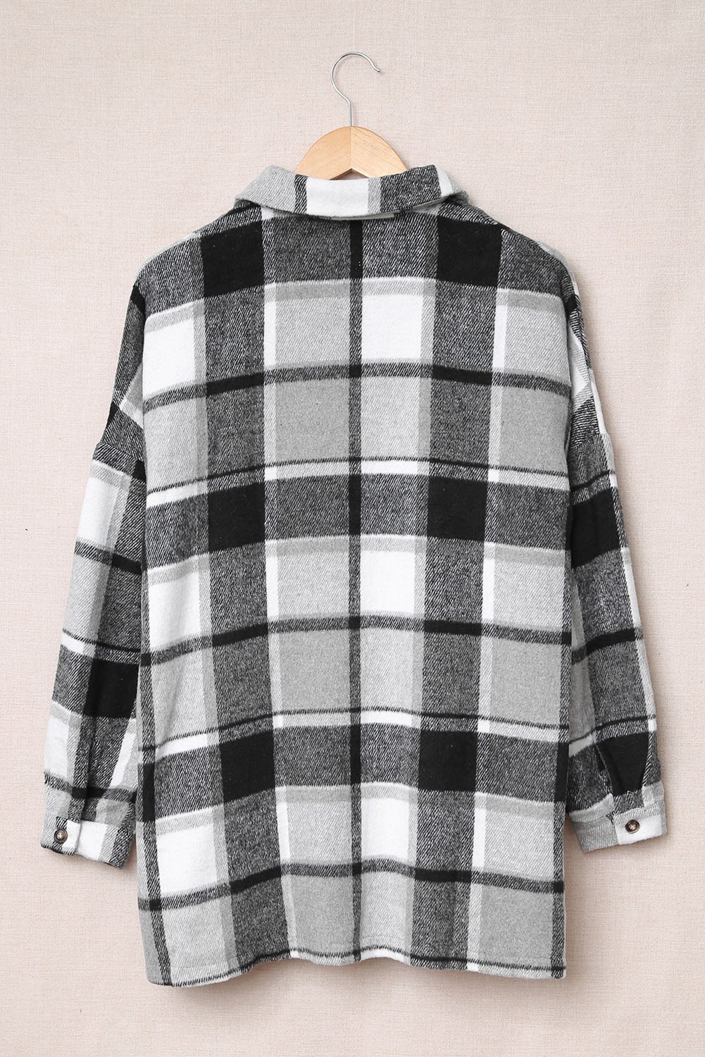 Gray plaid print shirt jacket with button closure and turn-down collar, perfect for winter casual wear.