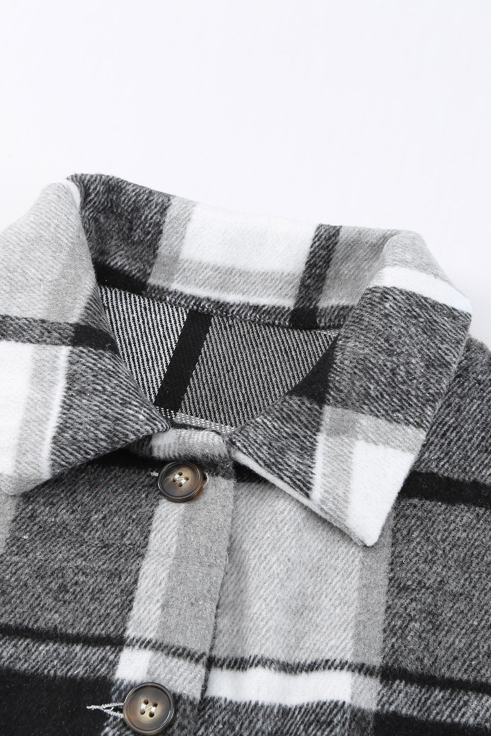 Gray plaid print shirt jacket with button closure and turn-down collar, perfect for winter casual wear.