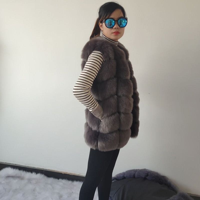 Luxurious high-quality faux fox fur vest coat for women in various colors, showcasing its elegant design and premium materials.