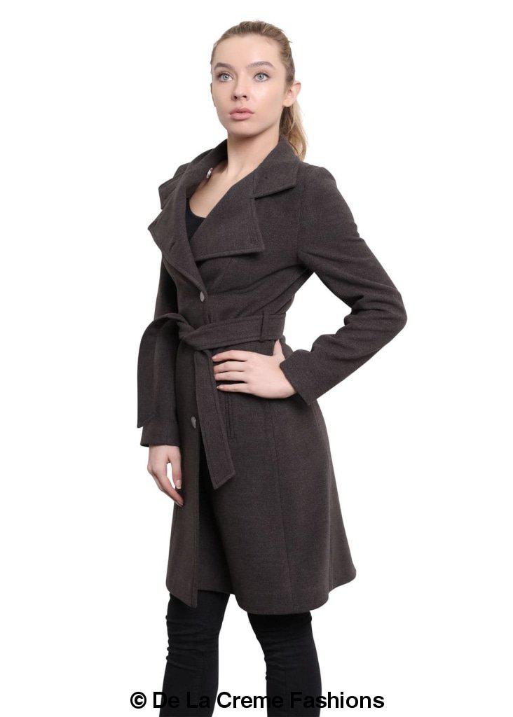 Hip Length Keep It Simple Coat featuring asymmetrical button fastening and a free belt, displayed on a model.