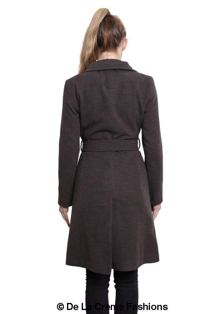 Hip Length Keep It Simple Coat featuring asymmetrical button fastening and a free belt, displayed on a model.