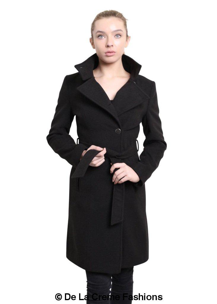 Hip Length Keep It Simple Coat featuring asymmetrical button fastening and a free belt, displayed on a model.