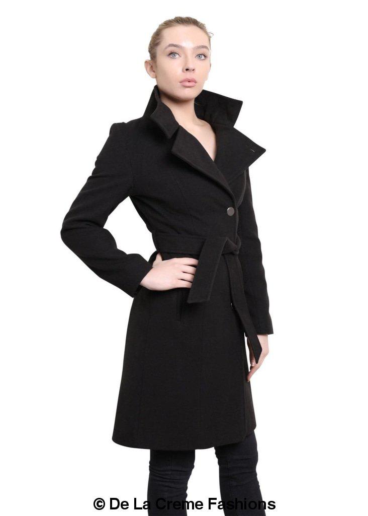 Hip Length Keep It Simple Coat featuring asymmetrical button fastening and a free belt, displayed on a model.