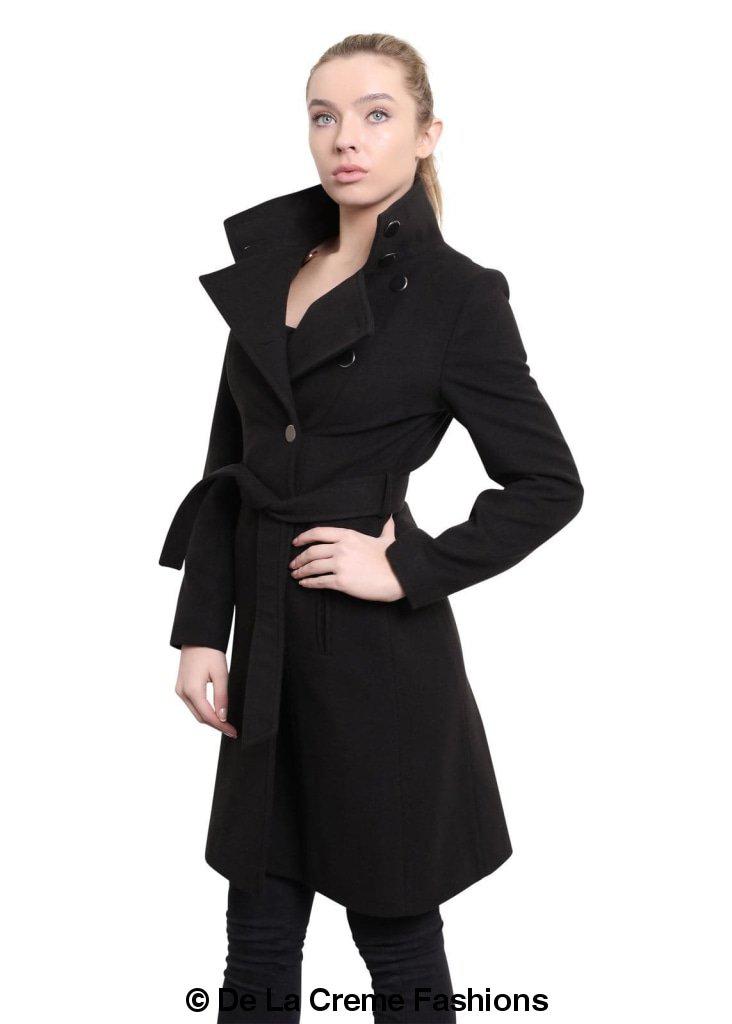 Hip Length Keep It Simple Coat featuring asymmetrical button fastening and a free belt, displayed on a model.