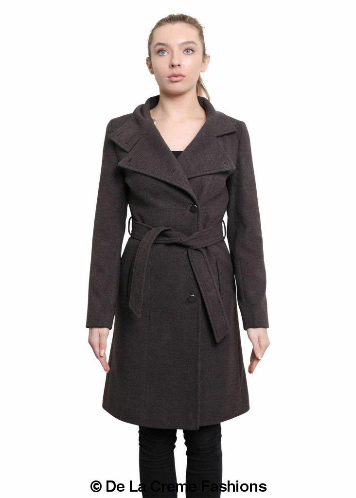 Hip Length Keep It Simple Coat featuring asymmetrical button fastening and a free belt, displayed on a model.