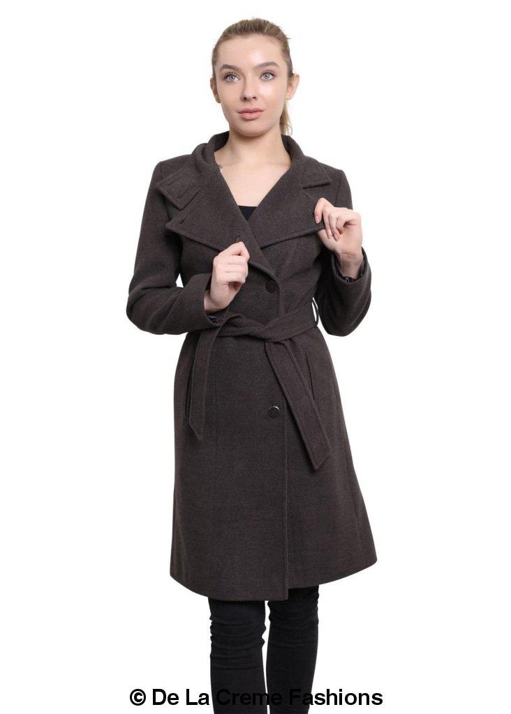 Hip Length Keep It Simple Coat featuring asymmetrical button fastening and a free belt, displayed on a model.