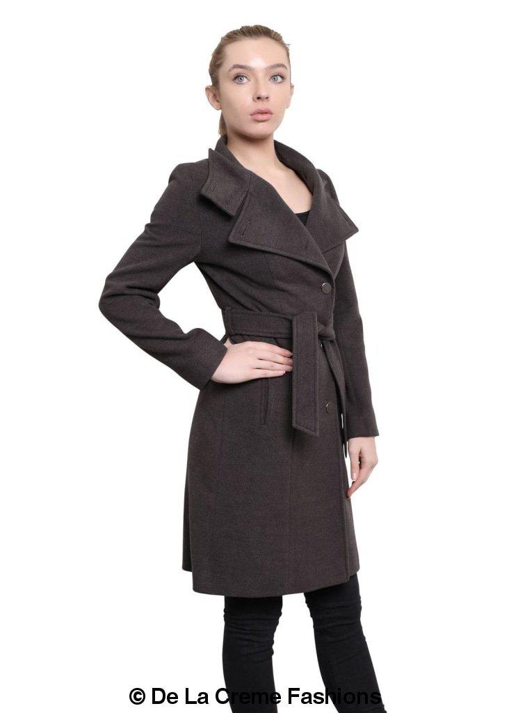 Hip Length Keep It Simple Coat featuring asymmetrical button fastening and a free belt, displayed on a model.