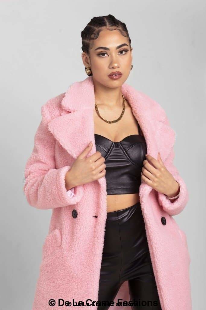 Janine Double Breasted Borg Teddy Coat in a stylish oversized design with a plush teddy finish, featuring double-breasted buttons and side pockets.