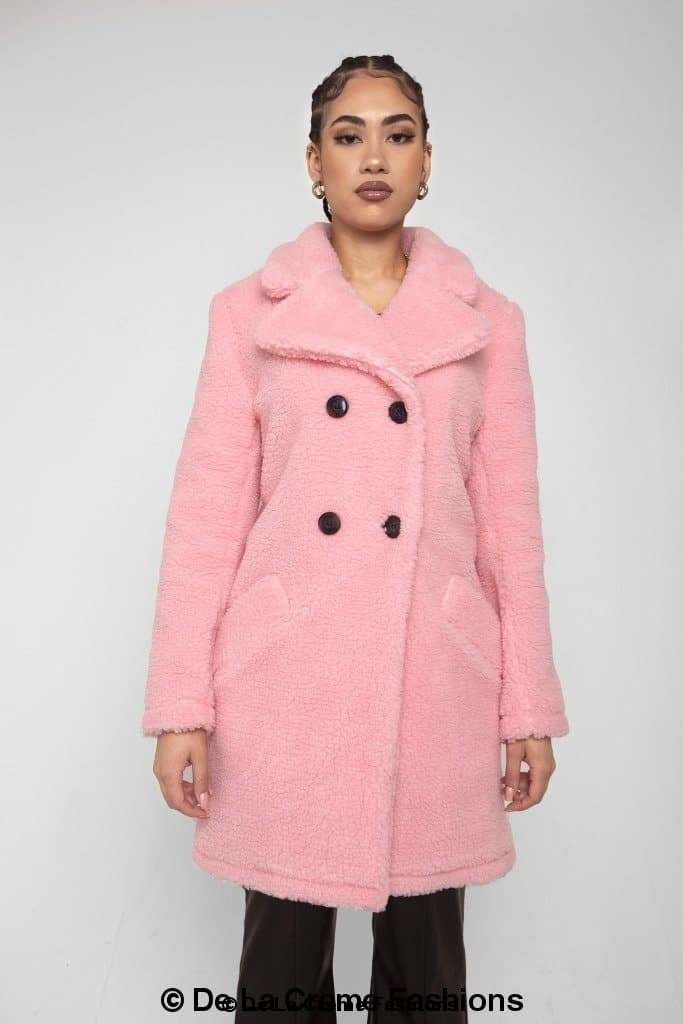 Janine Double Breasted Borg Teddy Coat in a stylish oversized design with a plush teddy finish, featuring double-breasted buttons and side pockets.