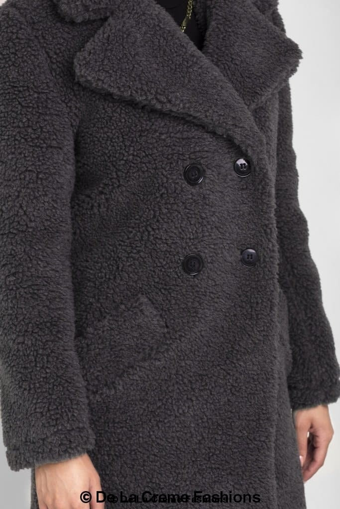 Janine Double Breasted Borg Teddy Coat in a stylish oversized design with a plush teddy finish, featuring double-breasted buttons and side pockets.