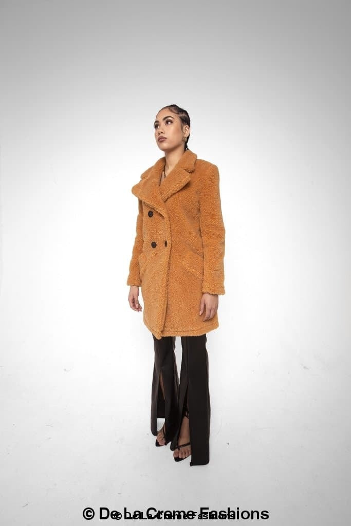 Janine Double Breasted Borg Teddy Coat in a stylish oversized design with a plush teddy finish, featuring double-breasted buttons and side pockets.