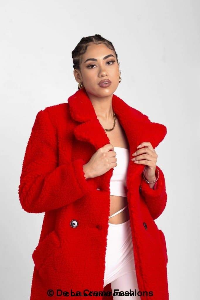 Janine Double Breasted Borg Teddy Coat in a stylish oversized design with a plush teddy finish, featuring double-breasted buttons and side pockets.