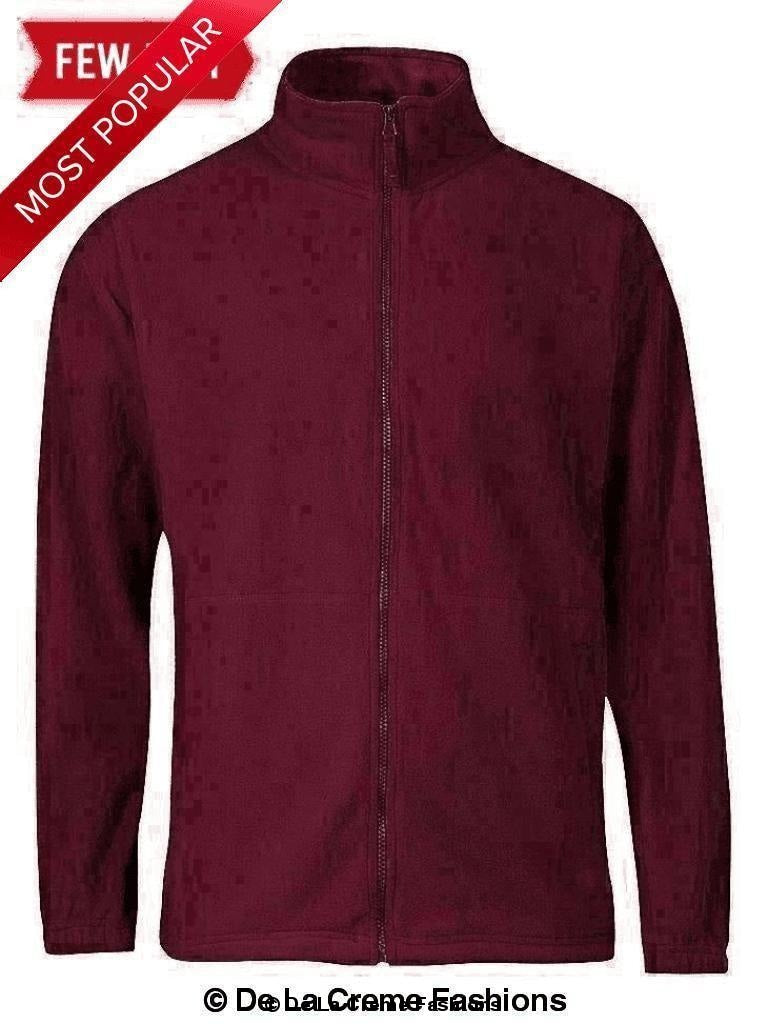 Men's burgundy zip-through warm fleece jacket by JB's Wear, featuring a high neckline and split kangaroo pocket.