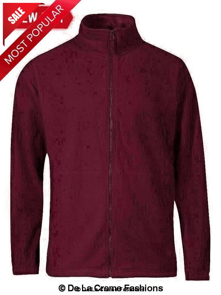 Men's burgundy zip-through warm fleece jacket by JB's Wear, featuring a high neckline and split kangaroo pocket.