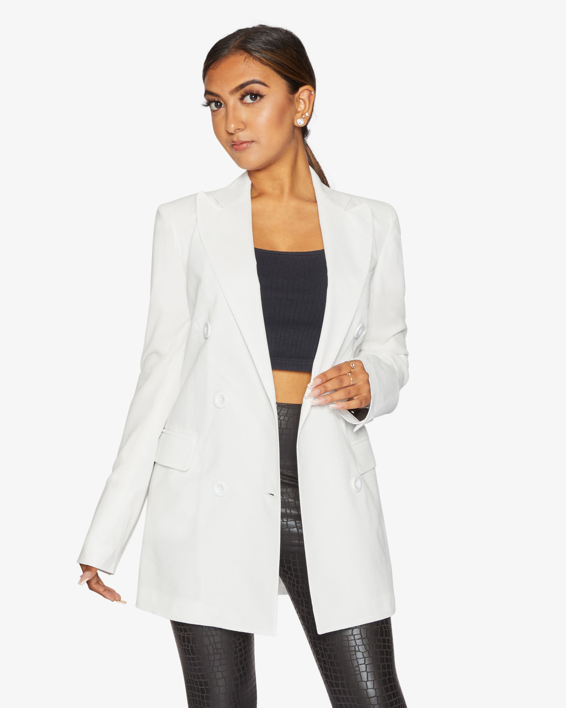 Jenna Double Breasted Blazer in a stylish design, showcasing its tailored fit and elegant silhouette.