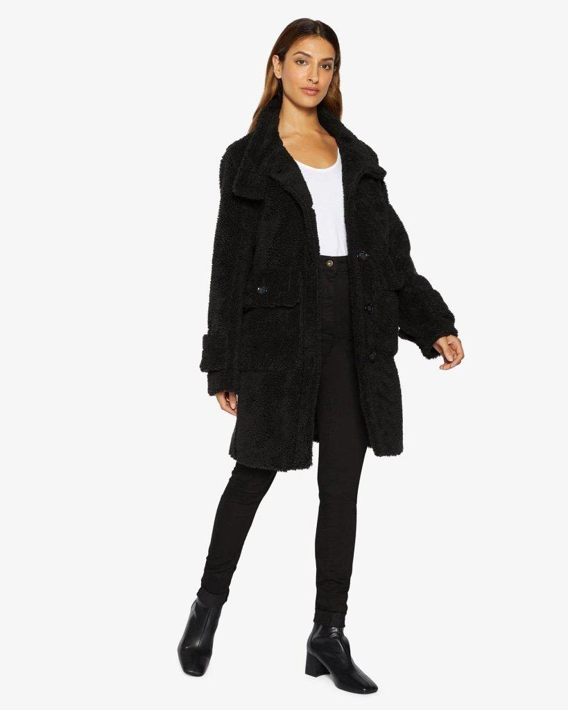 Julie High Neck Borg Teddy Coat in a cozy oversized design, featuring a high neck and single breasted button closure, perfect for winter wear.