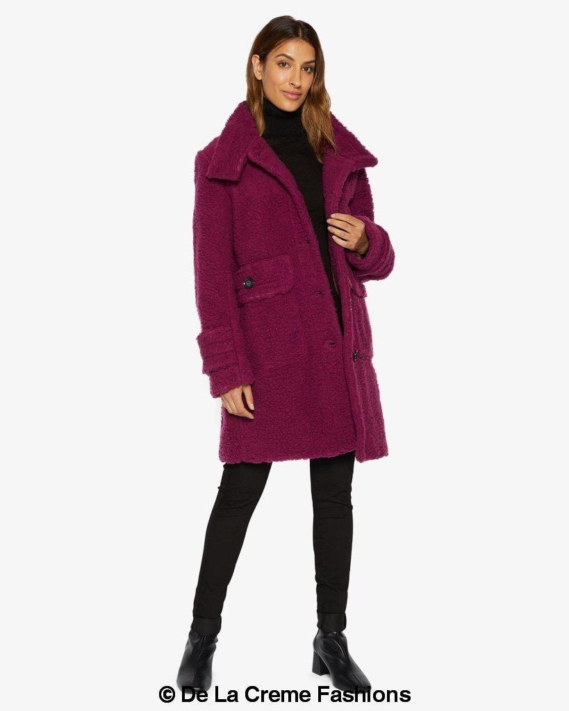 Julie High Neck Borg Teddy Coat in a cozy oversized design, featuring a high neck and single breasted button closure, perfect for winter wear.