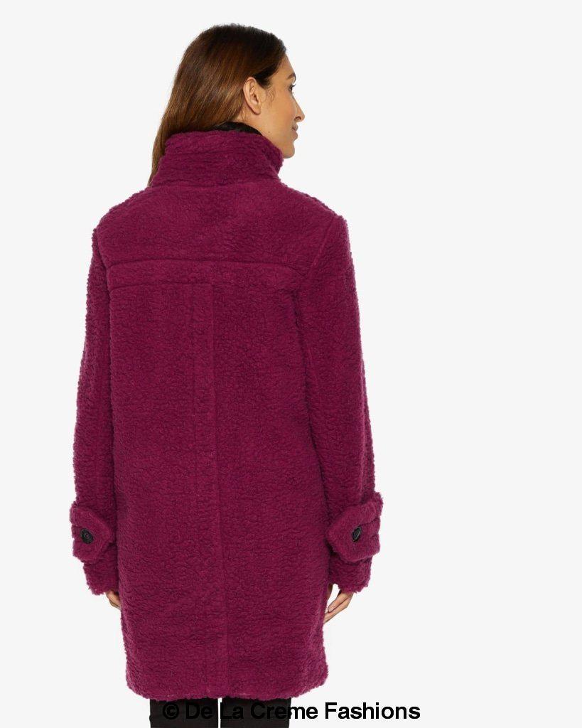 Julie High Neck Borg Teddy Coat in a cozy oversized design, featuring a high neck and single breasted button closure, perfect for winter wear.