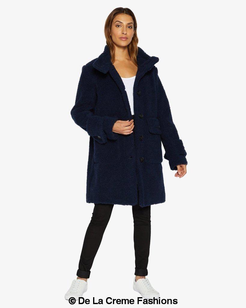 Julie High Neck Borg Teddy Coat in a cozy oversized design, featuring a high neck and single breasted button closure, perfect for winter wear.