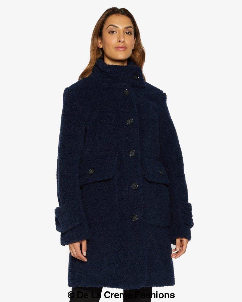 Julie High Neck Borg Teddy Coat in a cozy oversized design, featuring a high neck and single breasted button closure, perfect for winter wear.