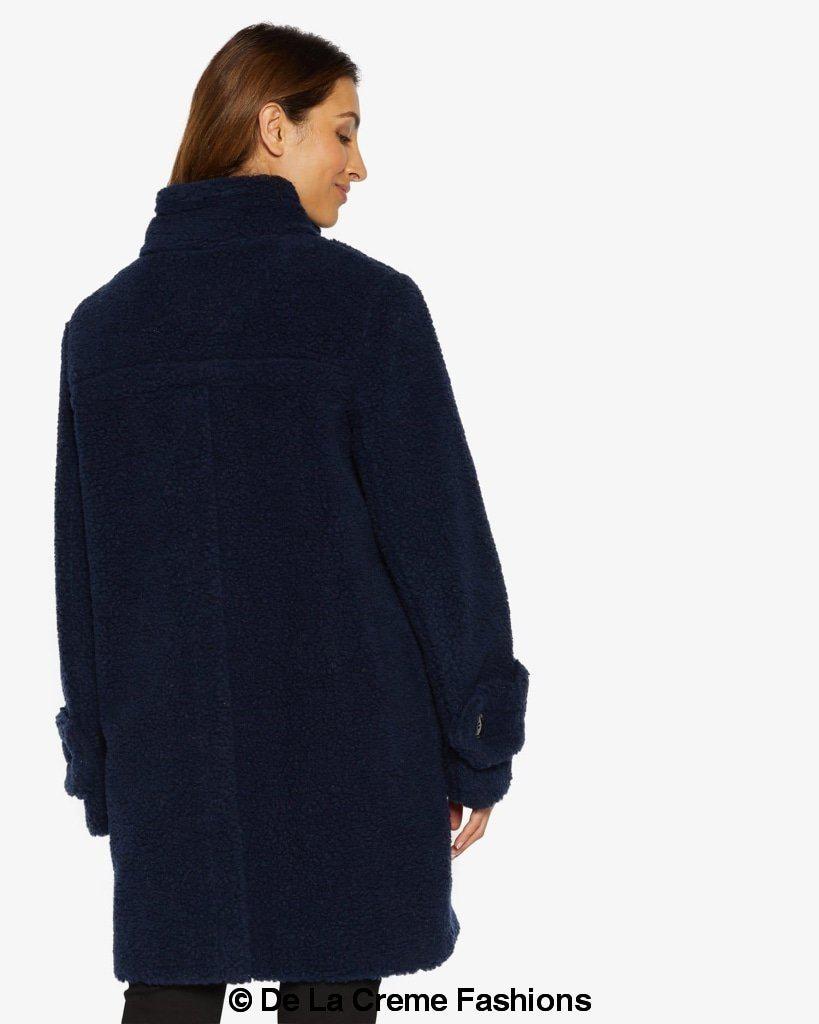 Julie High Neck Borg Teddy Coat in a cozy oversized design, featuring a high neck and single breasted button closure, perfect for winter wear.