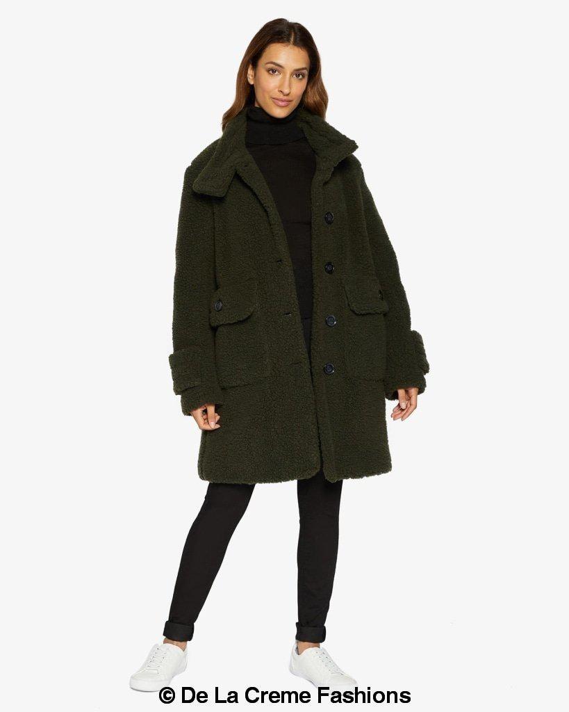 Julie High Neck Borg Teddy Coat in a cozy oversized design, featuring a high neck and single breasted button closure, perfect for winter wear.