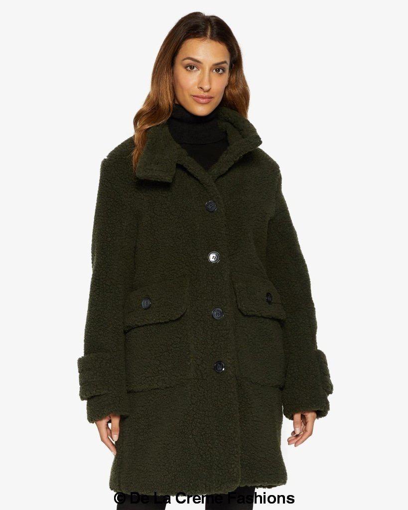 Julie High Neck Borg Teddy Coat in a cozy oversized design, featuring a high neck and single breasted button closure, perfect for winter wear.