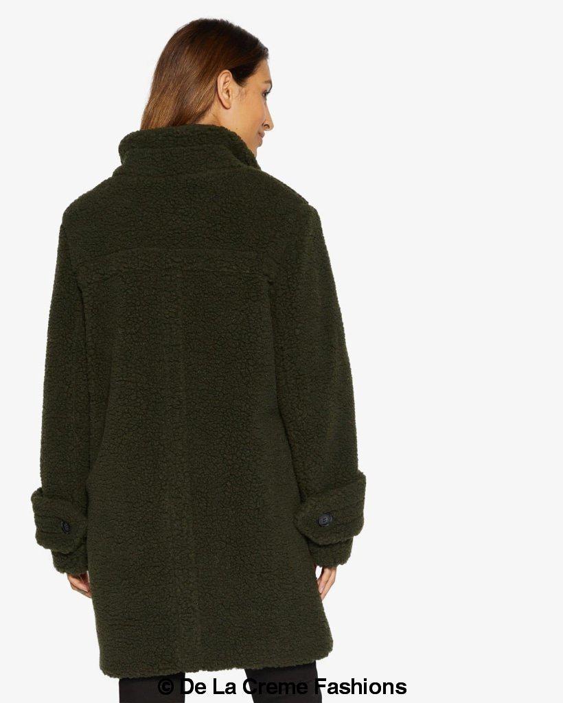 Julie High Neck Borg Teddy Coat in a cozy oversized design, featuring a high neck and single breasted button closure, perfect for winter wear.