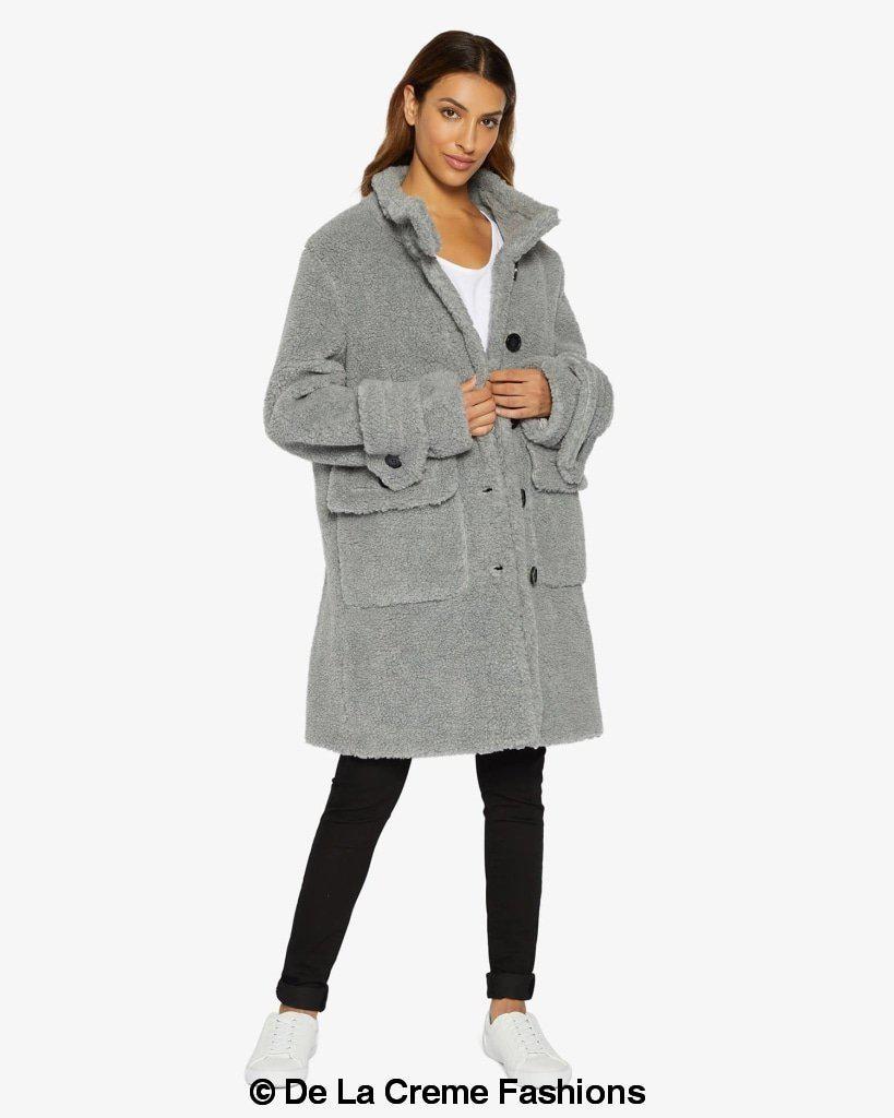 Julie High Neck Borg Teddy Coat in a cozy oversized design, featuring a high neck and single breasted button closure, perfect for winter wear.