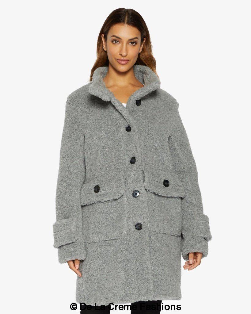 Julie High Neck Borg Teddy Coat in a cozy oversized design, featuring a high neck and single breasted button closure, perfect for winter wear.