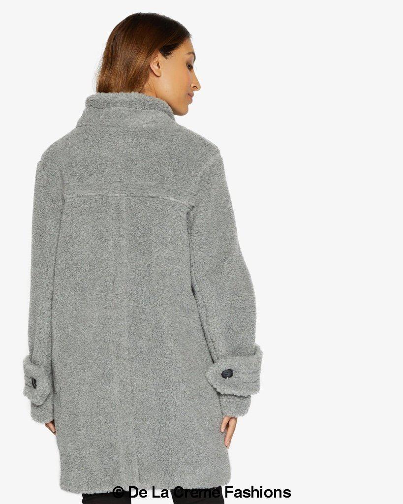 Julie High Neck Borg Teddy Coat in a cozy oversized design, featuring a high neck and single breasted button closure, perfect for winter wear.