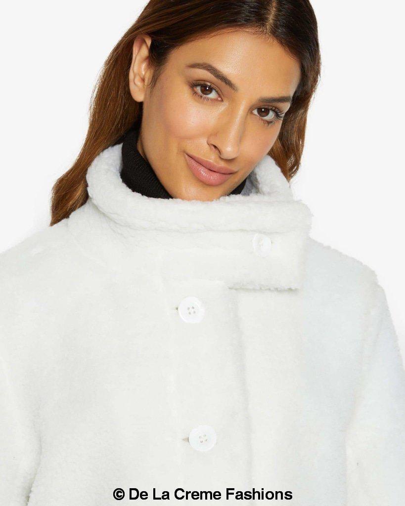 Julie High Neck Borg Teddy Coat in a cozy oversized design, featuring a high neck and single breasted button closure, perfect for winter wear.