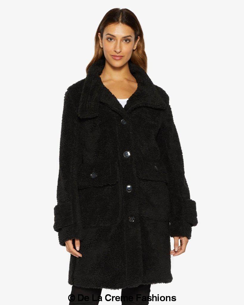 Julie High Neck Borg Teddy Coat in a cozy oversized design, featuring a high neck and single breasted button closure, perfect for winter wear.