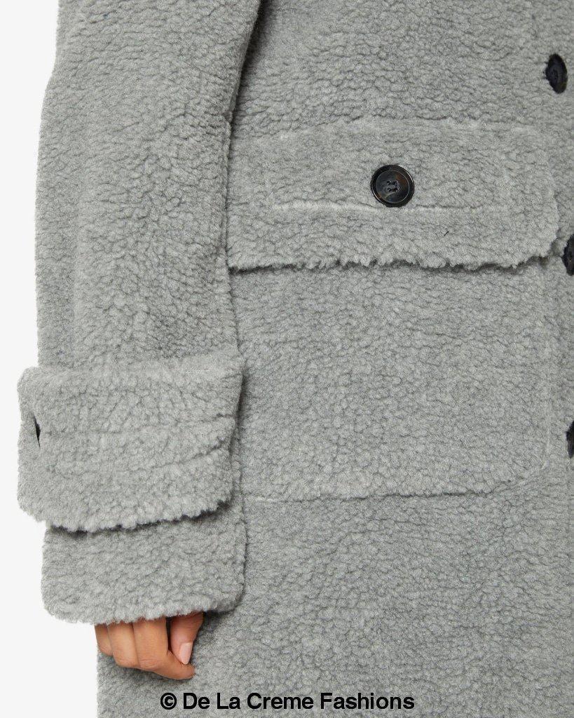 Julie High Neck Borg Teddy Coat in a cozy oversized design, featuring a high neck and single breasted button closure, perfect for winter wear.