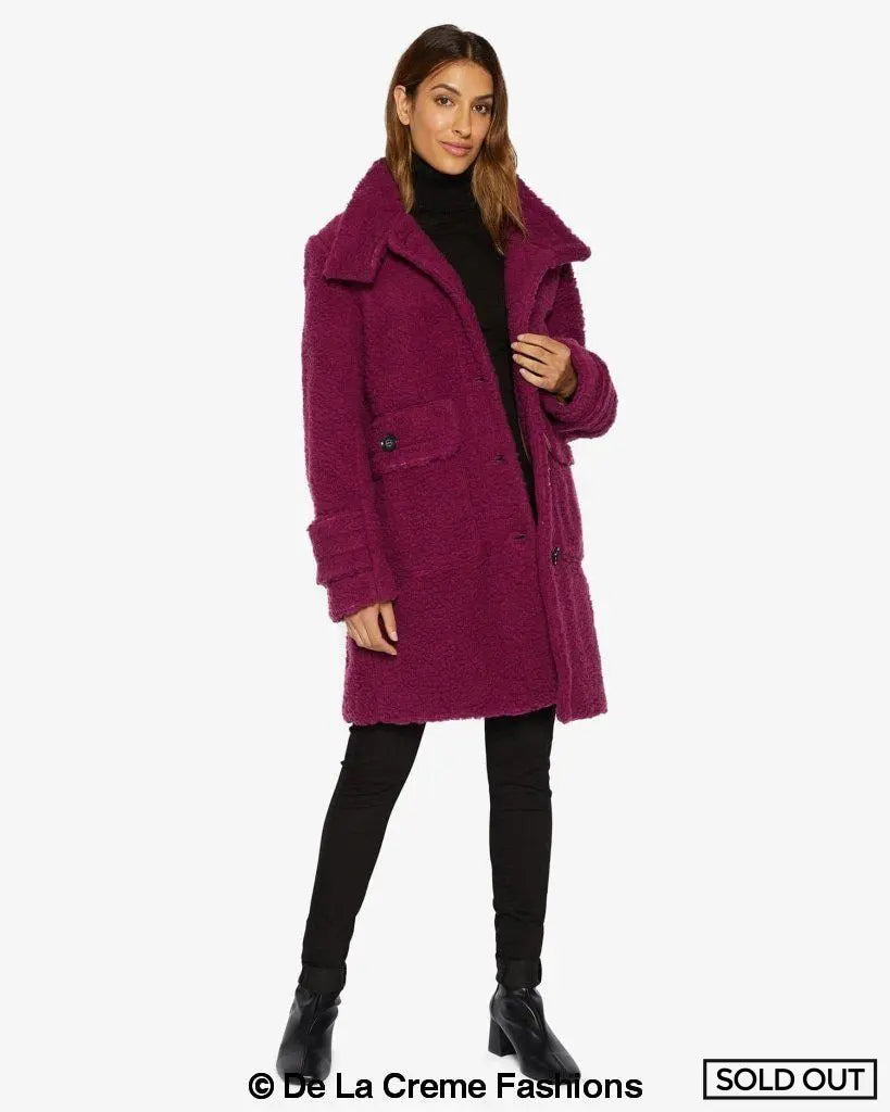 Julie High Neck Borg Teddy Coat in a cozy oversized design, featuring a high neck and single breasted button closure, perfect for winter wear.