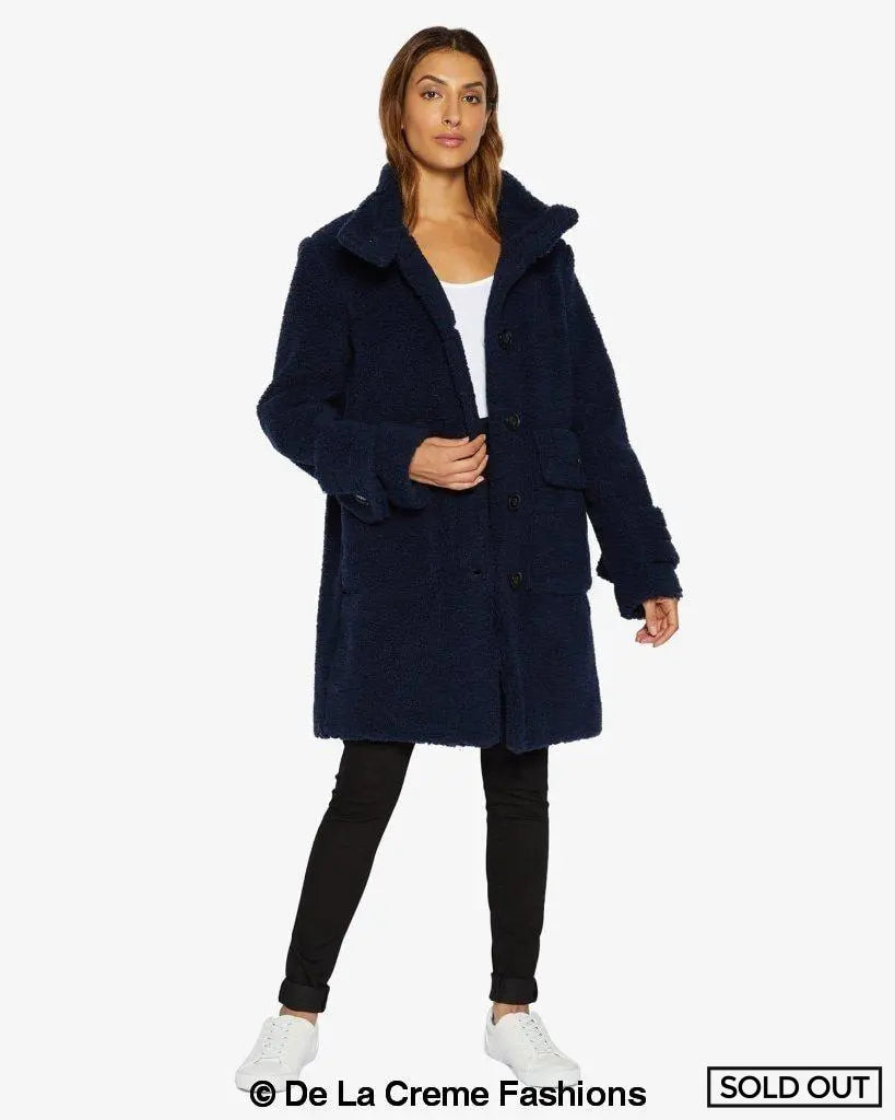 Julie High Neck Borg Teddy Coat in a cozy oversized design, featuring a high neck and single breasted button closure, perfect for winter wear.