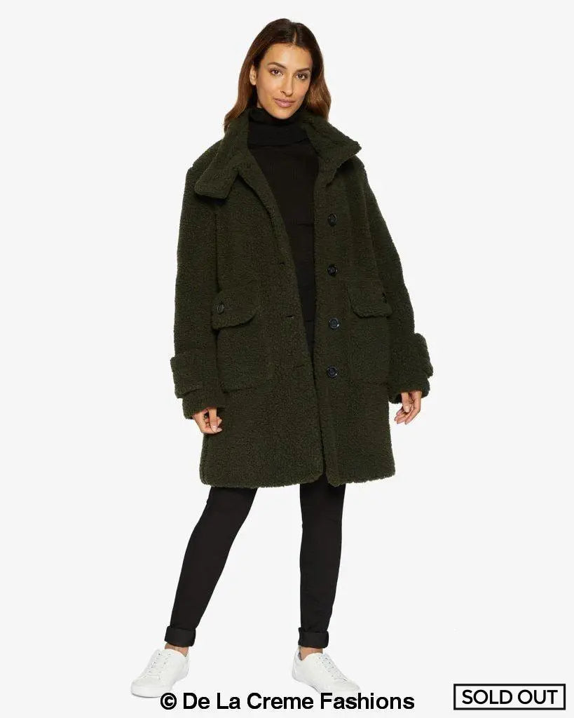 Julie High Neck Borg Teddy Coat in a cozy oversized design, featuring a high neck and single breasted button closure, perfect for winter wear.