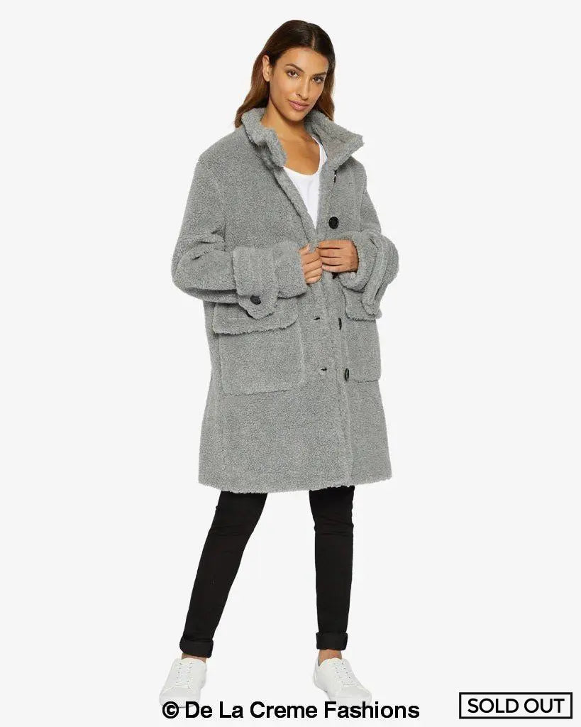 Julie High Neck Borg Teddy Coat in a cozy oversized design, featuring a high neck and single breasted button closure, perfect for winter wear.