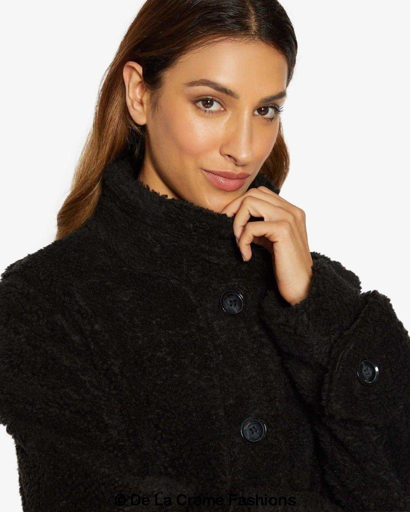 Julie High Neck Borg Teddy Coat in a cozy oversized design, featuring a high neck and single breasted button closure, perfect for winter wear.