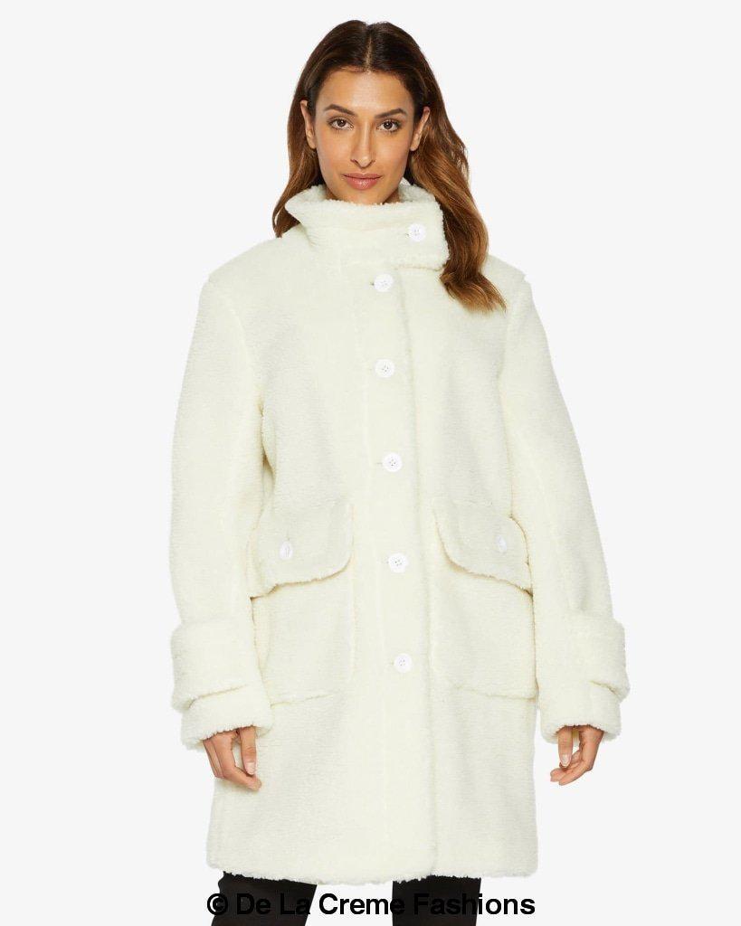 Julie High Neck Borg Teddy Coat in a cozy oversized design, featuring a high neck and single breasted button closure, perfect for winter wear.