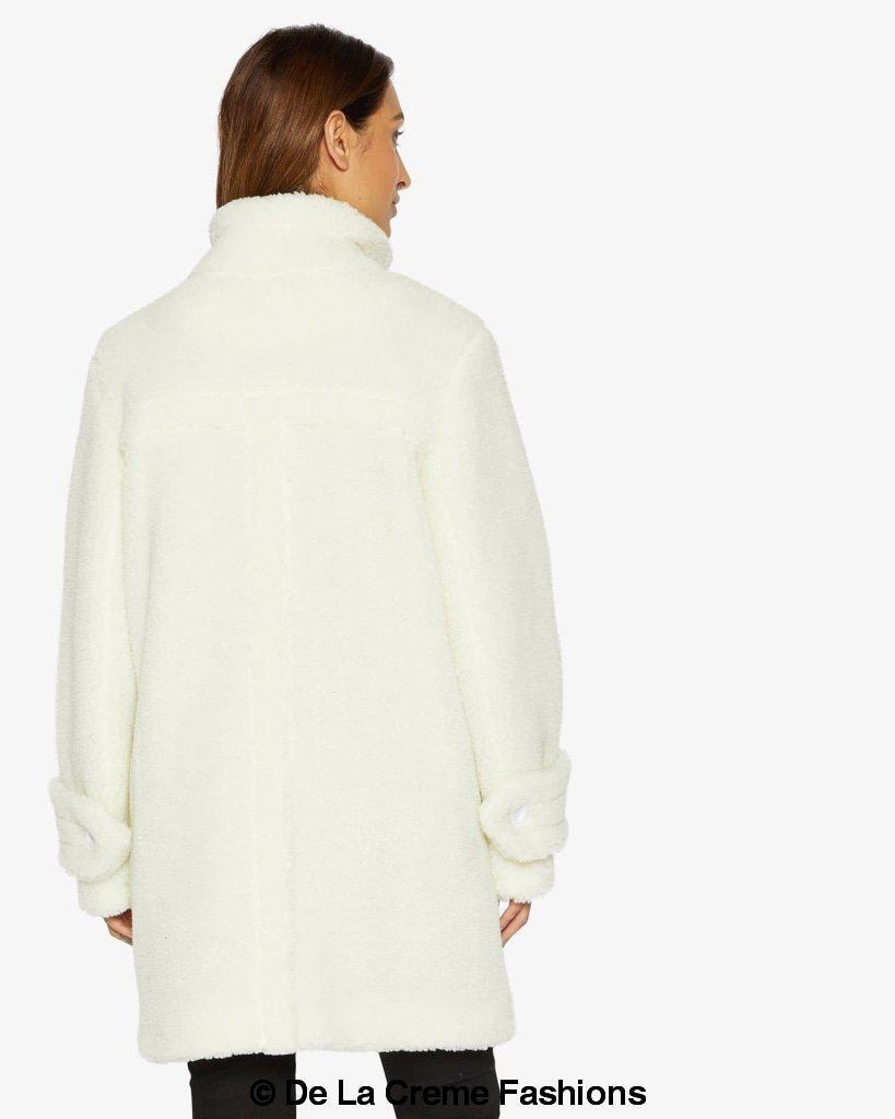 Julie High Neck Borg Teddy Coat in a cozy oversized design, featuring a high neck and single breasted button closure, perfect for winter wear.